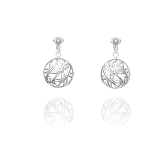 Elements Silver Leaf and Vine Circular Disc Clip On Earrings