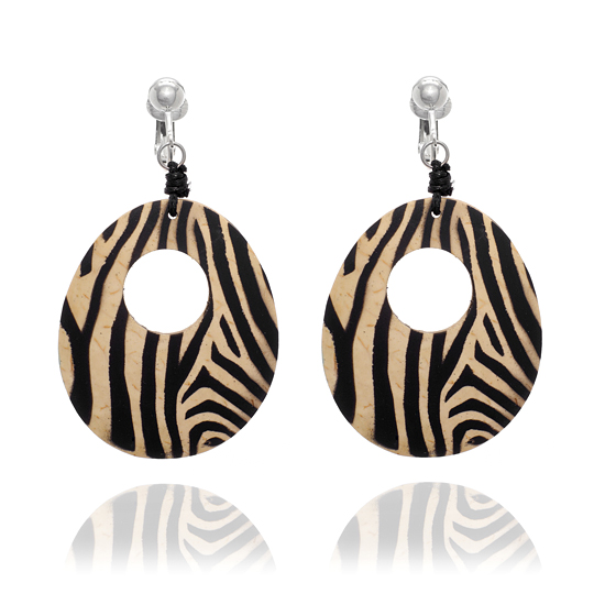 Wood Clip On Hoop Earrings - Zebra Print