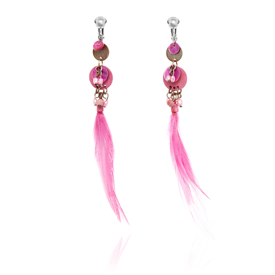 Boho Beaded Feather Clip On Earrings - Pink