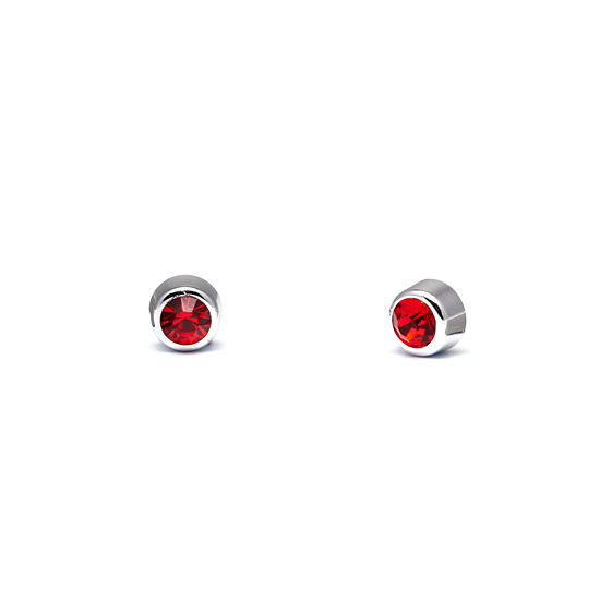 Diamante Stud Magnetic Earrings with Silver-tone Rim - 7mm - Red